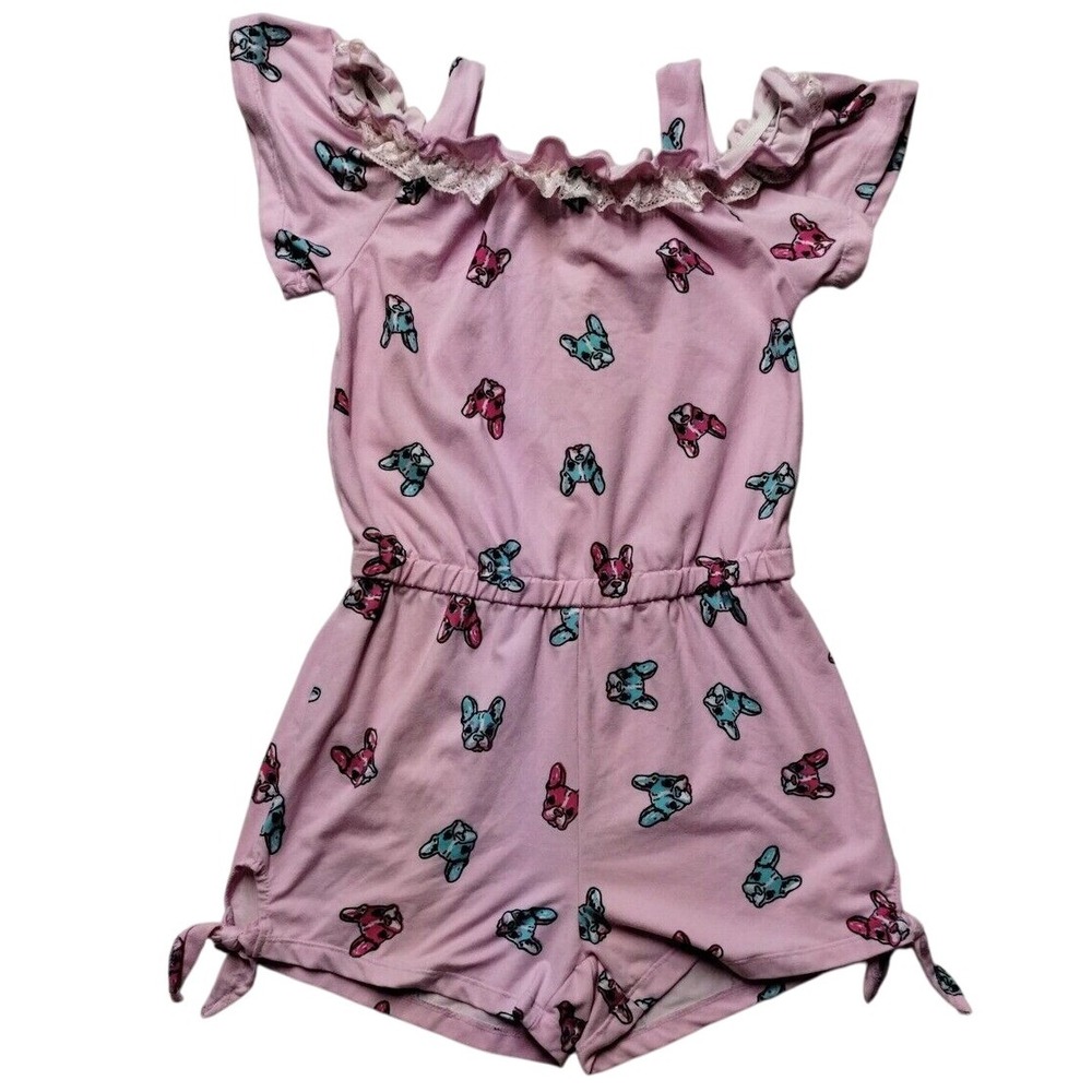 One Step Up Romper French Bulldog Print Cold Shoulder Pink Size S (7/8)‎